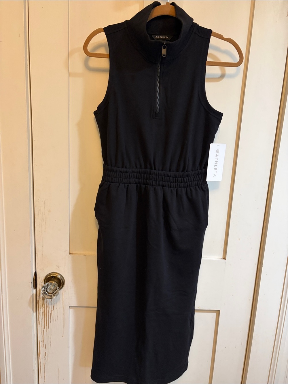 Athleta Black Sleeveless Zip-Neck Midi Dress with Elastic Waist